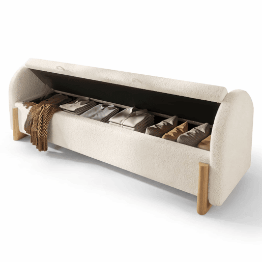 Banco baú 166x47x61 cm - arrumação hidráulica, Chenille Bouclé, fecho suave - Branco Banco baú 166x47x61 cm - arrumação hidráulica, Chenille Bouclé, fecho suave - Branco
