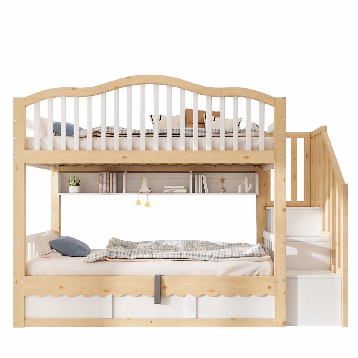 litera infantil 90x200 cm - almacenamiento hidraulico escalera segura estanteria y proteccion anticaidas - blanco y roble