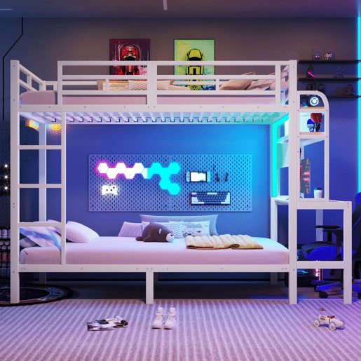 Beliche infantil 90x200 cm - com secretária, LED, USB, prateleira e grade de segurança - Branco