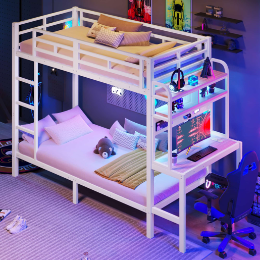 Beliche infantil 90x200 cm - com secretária, LED, USB, prateleira e grade de segurança - Branco