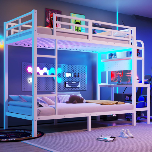 Beliche infantil 90x200 cm - com secretária, LED, USB, prateleira e grade de segurança - Branco