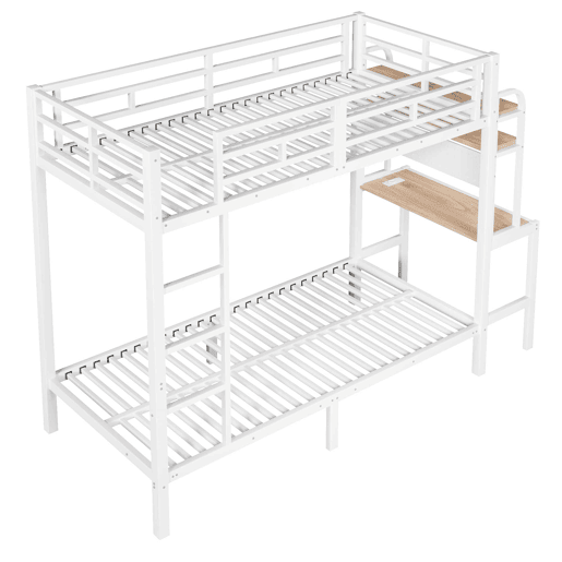 Beliche infantil 90x200 cm - com secretária, LED, USB, prateleira e grade de segurança - Branco