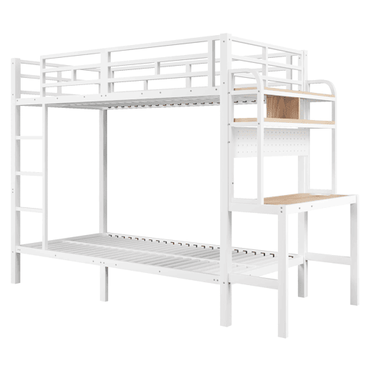 Beliche infantil 90x200 cm - com secretária, LED, USB, prateleira e grade de segurança - Branco