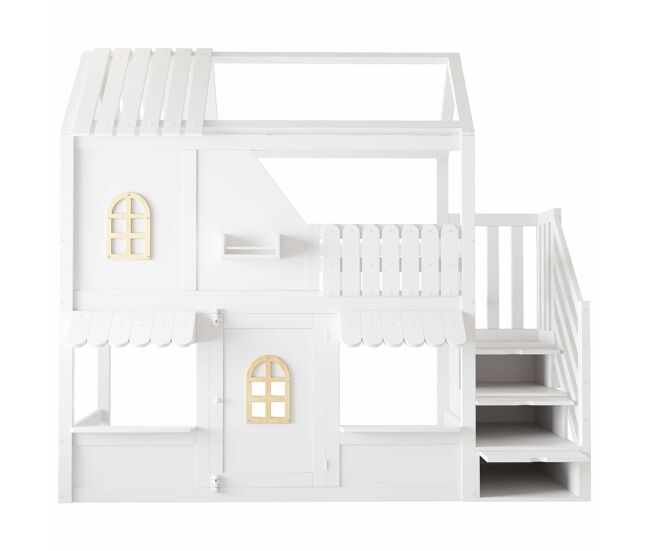 Litera infantil con cama alta 90x200 cm - diseño de casa con ventana, techo, barandilla, escalera con almacenamiento, led y estantes - blanco