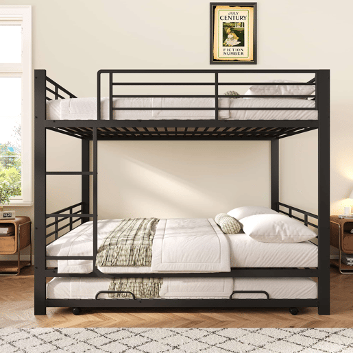 Beliche metálico 140x200 cm - com cama extraível, grade de segurança e escada para crianças e jovens - Preto Beliche metálico 140x200 cm - com cama extraível, grade de segurança e escada para crianças e jovens - Preto