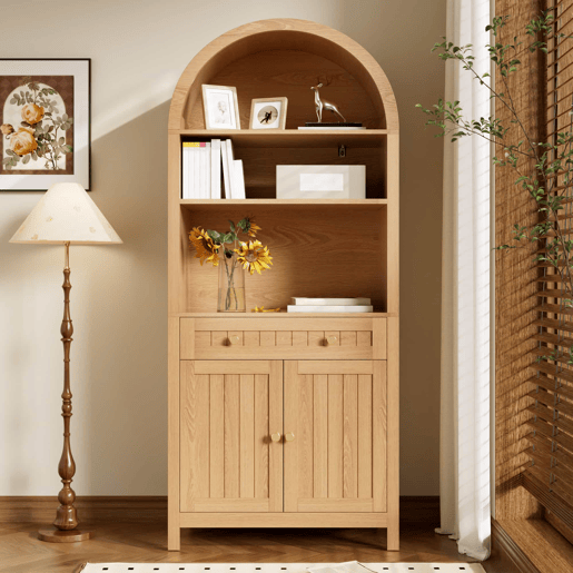 Armário alto de 180 cm - Portas duplas com prateleiras para especiarias, design com frente arqueada, móvel auxiliar de cozinha - Natural Armário alto de 180 cm - Portas duplas com prateleiras para especiarias, design com frente arqueada, móvel auxiliar de cozinha - Natural