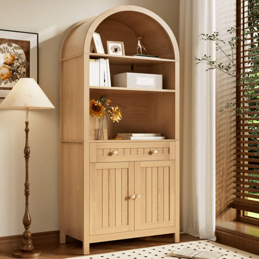 Armário alto de 180 cm - Portas duplas com prateleiras para especiarias, design com frente arqueada, móvel auxiliar de cozinha - Natural Armário alto de 180 cm - Portas duplas com prateleiras para especiarias, design com frente arqueada, móvel auxiliar de cozinha - Natural