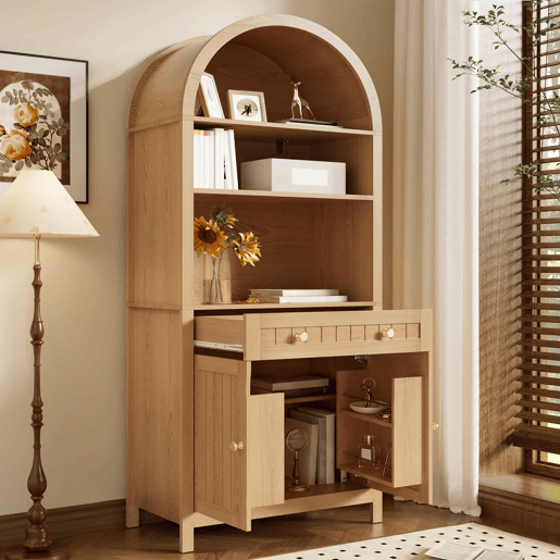 Armário alto de 180 cm - Portas duplas com prateleiras para especiarias, design com frente arqueada, móvel auxiliar de cozinha - Natural Armário alto de 180 cm - Portas duplas com prateleiras para especiarias, design com frente arqueada, móvel auxiliar de cozinha - Natural