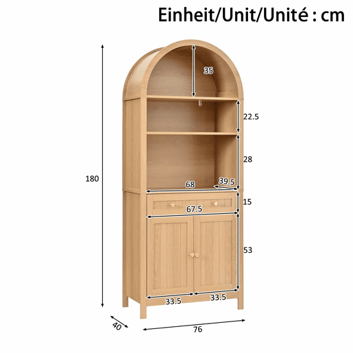 Armário alto de 180 cm - Portas duplas com prateleiras para especiarias, design com frente arqueada, móvel auxiliar de cozinha - Natural Armário alto de 180 cm - Portas duplas com prateleiras para especiarias, design com frente arqueada, móvel auxiliar de cozinha - Natural