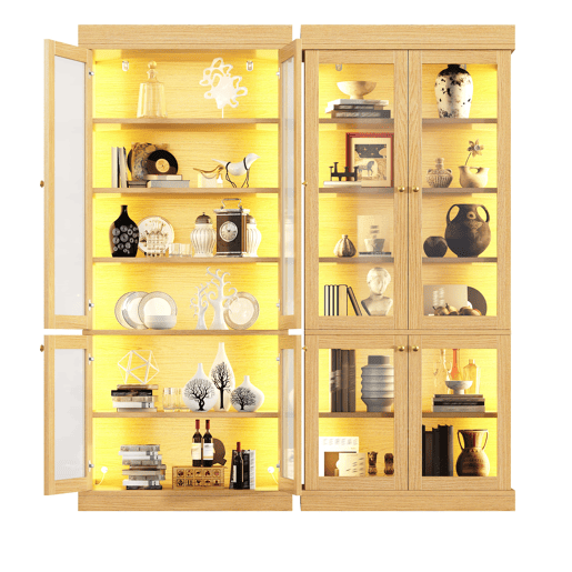 Vitrine alta de 180 cm u2013 com iluminação LED, portas de vidro, espaço de arrumação interior e sistema anti-capotamento u2013 Castanho natural Vitrine alta de 180 cm u2013 com iluminação LED, portas de vidro, espaço de arrumação interior e sistema anti-capotamento u2013 Castanho natural
