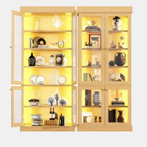 Vitrine alta de 180 cm u2013 com iluminação LED, portas de vidro, espaço de arrumação interior e sistema anti-capotamento u2013 Castanho natural