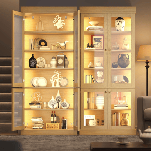 Vitrine alta de 180 cm u2013 com iluminação LED, portas de vidro, espaço de arrumação interior e sistema anti-capotamento u2013 Castanho natural Vitrine alta de 180 cm u2013 com iluminação LED, portas de vidro, espaço de arrumação interior e sistema anti-capotamento u2013 Castanho natural