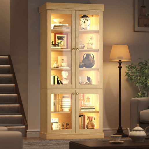 Vitrine alta de 180 cm u2013 com iluminação LED, portas de vidro, espaço de arrumação interior e sistema anti-capotamento u2013 Castanho natural Vitrine alta de 180 cm u2013 com iluminação LED, portas de vidro, espaço de arrumação interior e sistema anti-capotamento u2013 Castanho natural