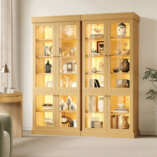 Vitrine alta de 180 cm u2013 com iluminação LED, portas de vidro, espaço de arrumação interior e sistema anti-capotamento u2013 Castanho natural Vitrine alta de 180 cm u2013 com iluminação LED, portas de vidro, espaço de arrumação interior e sistema anti-capotamento u2013 Castanho natural
