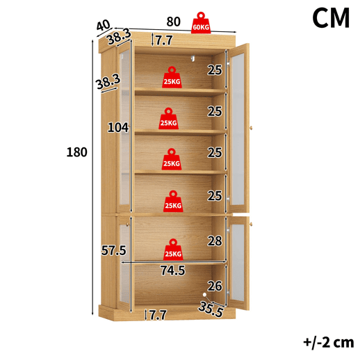 Vitrine alta de 180 cm u2013 com iluminação LED, portas de vidro, espaço de arrumação interior e sistema anti-capotamento u2013 Castanho natural Vitrine alta de 180 cm u2013 com iluminação LED, portas de vidro, espaço de arrumação interior e sistema anti-capotamento u2013 Castanho natural