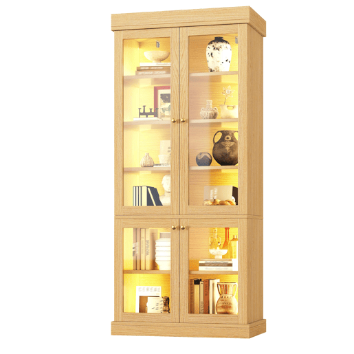 Vitrine alta de 180 cm u2013 com iluminação LED, portas de vidro, espaço de arrumação interior e sistema anti-capotamento u2013 Castanho natural Vitrine alta de 180 cm u2013 com iluminação LED, portas de vidro, espaço de arrumação interior e sistema anti-capotamento u2013 Castanho natural