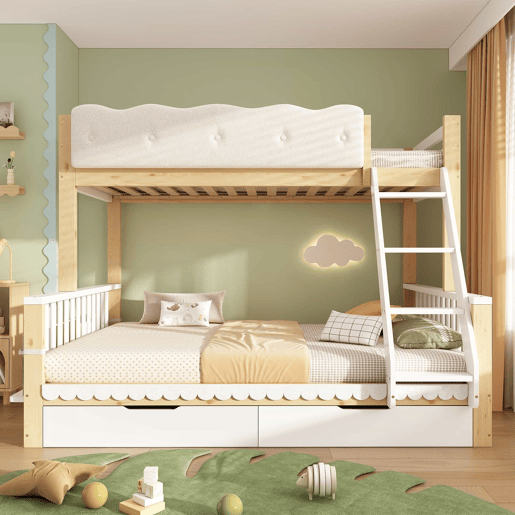 Beliche infantil 90x200140x200 cm u2013 cama embutida em madeira com grade em forma de nuvem, gavetas e porta-revistas, sem colchão u2013 branco e carvalho Beliche infantil 90x200140x200 cm u2013 cama embutida em madeira com grade em forma de nuvem, gavetas e porta-revistas, sem colchão u2013 branco e carvalho