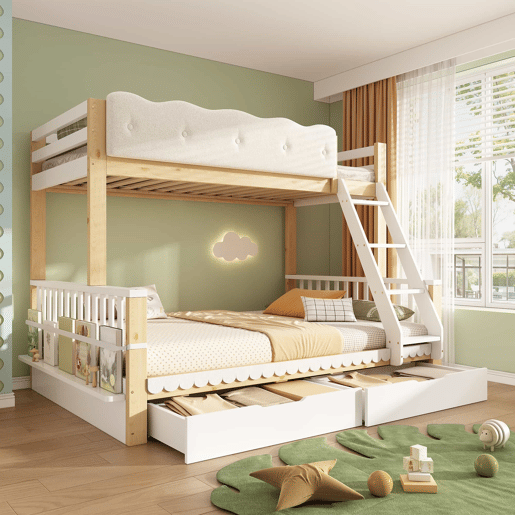 Beliche infantil 90x200140x200 cm u2013 cama embutida em madeira com grade em forma de nuvem, gavetas e porta-revistas, sem colchão u2013 branco e carvalho Beliche infantil 90x200140x200 cm u2013 cama embutida em madeira com grade em forma de nuvem, gavetas e porta-revistas, sem colchão u2013 branco e carvalho