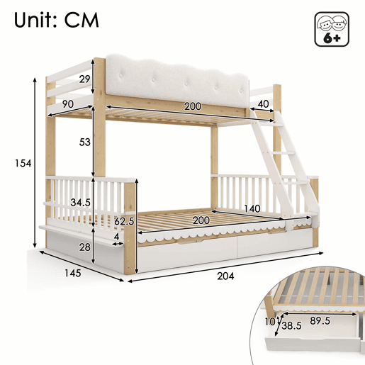 Beliche infantil 90x200140x200 cm u2013 cama embutida em madeira com grade em forma de nuvem, gavetas e porta-revistas, sem colchão u2013 branco e carvalho Beliche infantil 90x200140x200 cm u2013 cama embutida em madeira com grade em forma de nuvem, gavetas e porta-revistas, sem colchão u2013 branco e carvalho