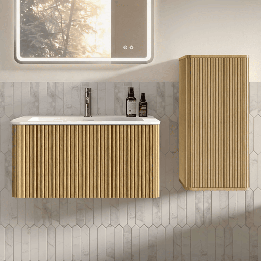 Conjunto de móveis de casa de banho de 81 cm - Suspenso, com lavatório e armário lateral, design moderno - Cor carvalho