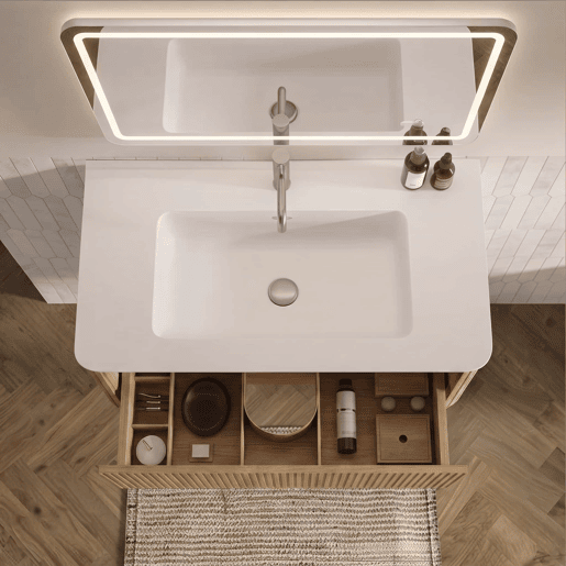 Conjunto de móveis de casa de banho de 81 cm - Suspenso, com lavatório e armário lateral, design moderno - Cor carvalho