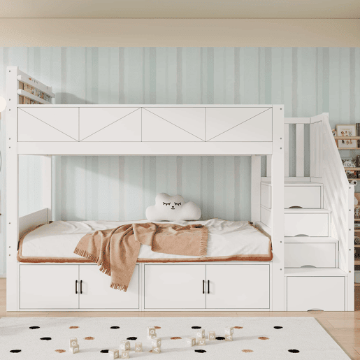 Beliche 90x200 cm - escada com arrumação, prateleiras, proteção contra quedas e design moderno - Branco Beliche 90x200 cm - escada com arrumação, prateleiras, proteção contra quedas e design moderno - Branco