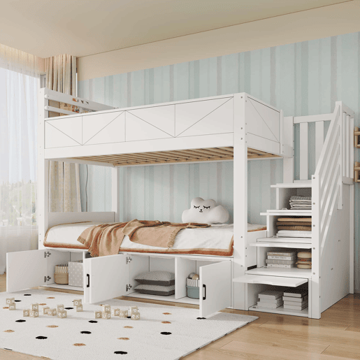 Beliche 90x200 cm - escada com arrumação, prateleiras, proteção contra quedas e design moderno - Branco Beliche 90x200 cm - escada com arrumação, prateleiras, proteção contra quedas e design moderno - Branco