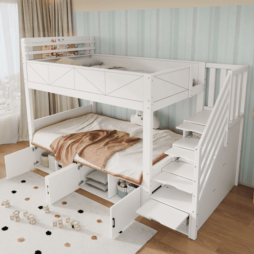Beliche 90x200 cm - escada com arrumação, prateleiras, proteção contra quedas e design moderno - Branco Beliche 90x200 cm - escada com arrumação, prateleiras, proteção contra quedas e design moderno - Branco