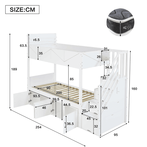 Beliche 90x200 cm - escada com arrumação, prateleiras, proteção contra quedas e design moderno - Branco Beliche 90x200 cm - escada com arrumação, prateleiras, proteção contra quedas e design moderno - Branco