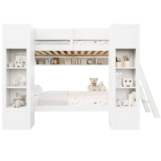 Beliche infantil 90x200 cm - Cama alta com arrumação, 2 armários frontais, prateleira suspensa, escada reversível e proteção anti-capotamento - Branco Beliche infantil 90x200 cm - Cama alta com arrumação, 2 armários frontais, prateleira suspensa, escada reversível e proteção anti-capotamento - Branco