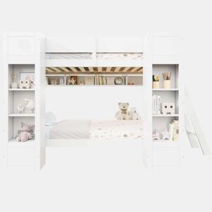 Beliche infantil 90x200 cm - Cama alta com arrumação, 2 armários frontais, prateleira suspensa, escada reversível e proteção anti-capotamento - Branco