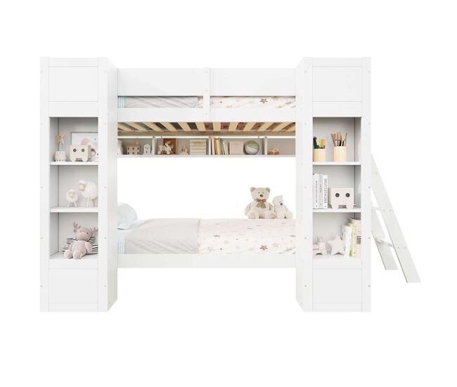Litera infantil 90x200 cm - cama alta con almacenaje, 2 armarios frontales, estantería colgante, escalera reversible y protección antivuelco - blanco