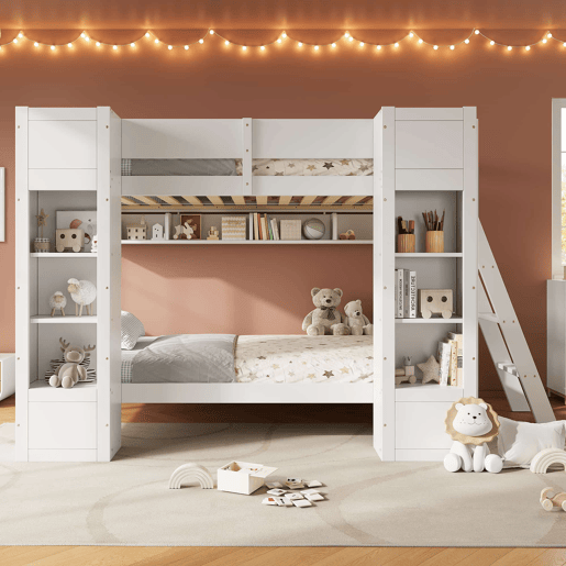 Beliche infantil 90x200 cm - Cama alta com arrumação, 2 armários frontais, prateleira suspensa, escada reversível e proteção anti-capotamento - Branco Beliche infantil 90x200 cm - Cama alta com arrumação, 2 armários frontais, prateleira suspensa, escada reversível e proteção anti-capotamento - Branco