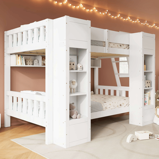 Beliche infantil 90x200 cm - Cama alta com arrumação, 2 armários frontais, prateleira suspensa, escada reversível e proteção anti-capotamento - Branco Beliche infantil 90x200 cm - Cama alta com arrumação, 2 armários frontais, prateleira suspensa, escada reversível e proteção anti-capotamento - Branco