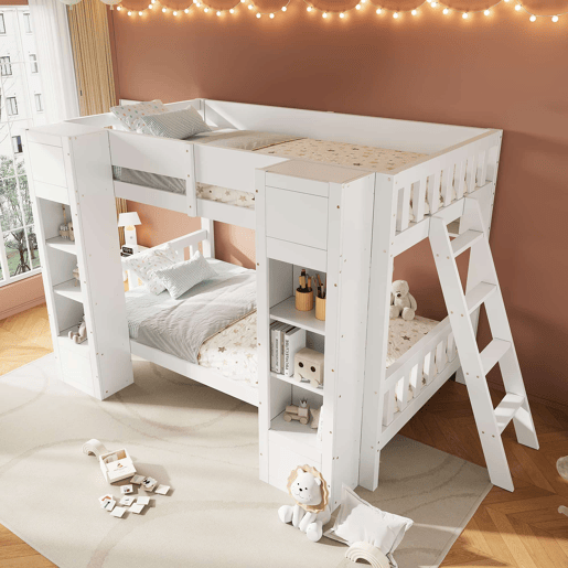 Beliche infantil 90x200 cm - Cama alta com arrumação, 2 armários frontais, prateleira suspensa, escada reversível e proteção anti-capotamento - Branco Beliche infantil 90x200 cm - Cama alta com arrumação, 2 armários frontais, prateleira suspensa, escada reversível e proteção anti-capotamento - Branco