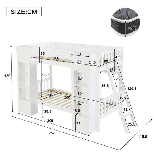 Beliche infantil 90x200 cm - Cama alta com arrumação, 2 armários frontais, prateleira suspensa, escada reversível e proteção anti-capotamento - Branco Beliche infantil 90x200 cm - Cama alta com arrumação, 2 armários frontais, prateleira suspensa, escada reversível e proteção anti-capotamento - Branco