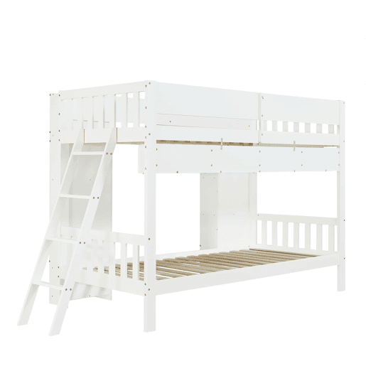Beliche infantil 90x200 cm - Cama alta com arrumação, 2 armários frontais, prateleira suspensa, escada reversível e proteção anti-capotamento - Branco Beliche infantil 90x200 cm - Cama alta com arrumação, 2 armários frontais, prateleira suspensa, escada reversível e proteção anti-capotamento - Branco
