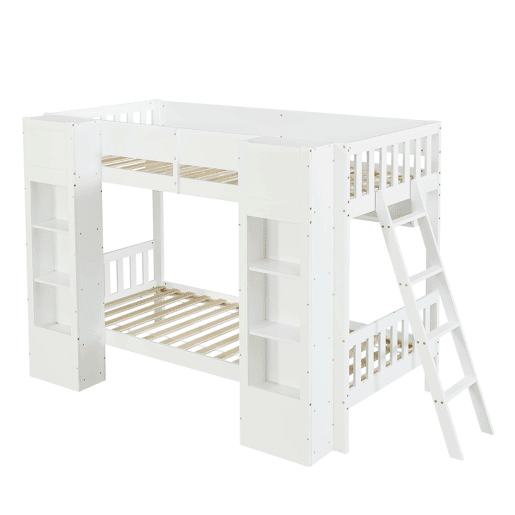 Beliche infantil 90x200 cm - Cama alta com arrumação, 2 armários frontais, prateleira suspensa, escada reversível e proteção anti-capotamento - Branco Beliche infantil 90x200 cm - Cama alta com arrumação, 2 armários frontais, prateleira suspensa, escada reversível e proteção anti-capotamento - Branco