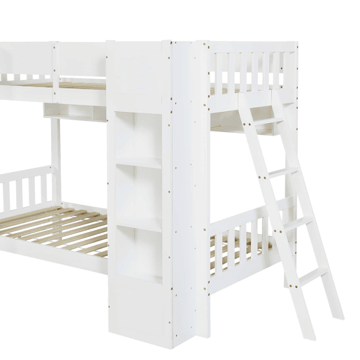 Beliche infantil 90x200 cm - Cama alta com arrumação, 2 armários frontais, prateleira suspensa, escada reversível e proteção anti-capotamento - Branco Beliche infantil 90x200 cm - Cama alta com arrumação, 2 armários frontais, prateleira suspensa, escada reversível e proteção anti-capotamento - Branco