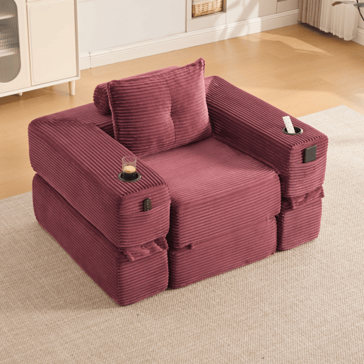 Sofá-cama individual - assento com espuma de alta densidade e molas, bolso lateral, porta-copos e braços com fecho de correr - vermelho vinho Sofá-cama individual - assento com espuma de alta densidade e molas, bolso lateral, porta-copos e braços com fecho de correr - vermelho vinho