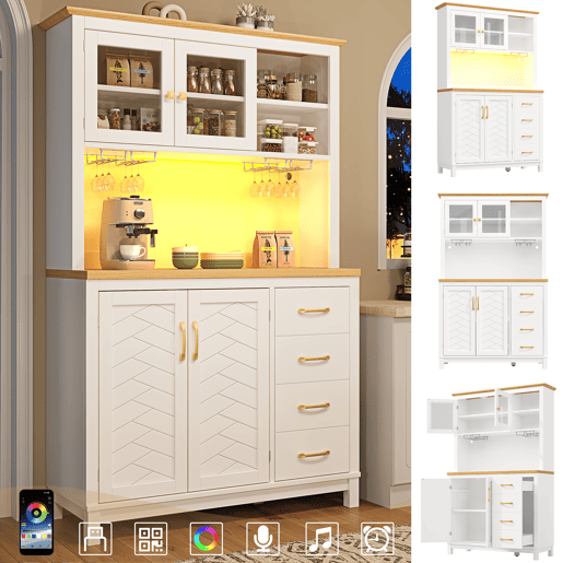 Armário de cozinha de mdf com 4 portas,4 gavetas e luz led,branco Armário de cozinha de mdf com 4 portas,4 gavetas e luz led,branco