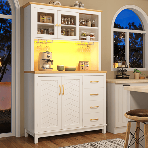 Armário de cozinha de mdf com 4 portas,4 gavetas e luz led,branco Armário de cozinha de mdf com 4 portas,4 gavetas e luz led,branco