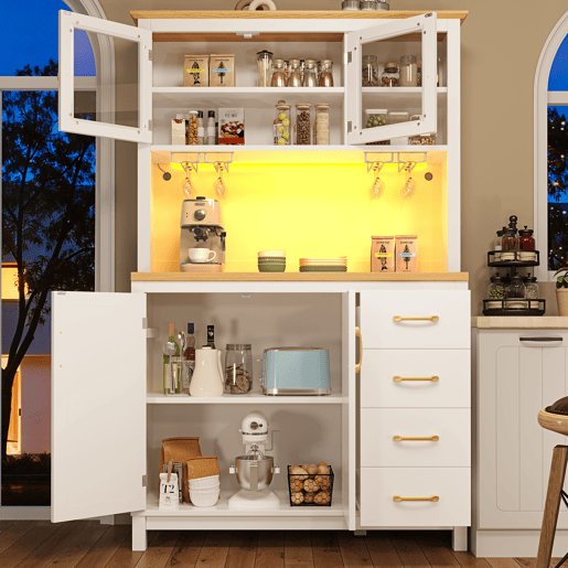 Armário de cozinha de mdf com 4 portas,4 gavetas e luz led,branco Armário de cozinha de mdf com 4 portas,4 gavetas e luz led,branco