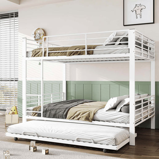 Beliche triplo metálico 140x200 cm - com cama inferior extraível, estrutura resistente para crianças e jovens - Branco