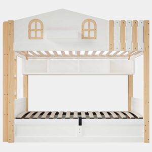 Beliche 90x200 cm - design caseiro, arrumação com sistema hidráulico, luzes LED, prateleira aberta, escada ajustável - branco e natural
