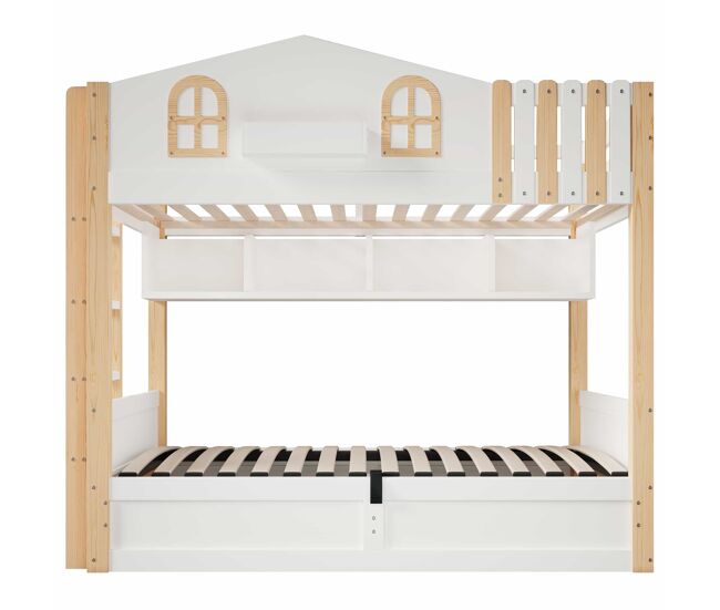 Litera 90x200 cm - diseño casa, almacenamiento hidráulico, luces led, estante abierto, escalera ajustable - blanco y natural