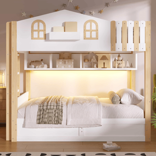 Beliche 90x200 cm - design caseiro, arrumação com sistema hidráulico, luzes LED, prateleira aberta, escada ajustável - branco e natural Beliche 90x200 cm - design caseiro, arrumação com sistema hidráulico, luzes LED, prateleira aberta, escada ajustável - branco e natural