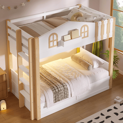 Beliche 90x200 cm - design caseiro, arrumação com sistema hidráulico, luzes LED, prateleira aberta, escada ajustável - branco e natural Beliche 90x200 cm - design caseiro, arrumação com sistema hidráulico, luzes LED, prateleira aberta, escada ajustável - branco e natural
