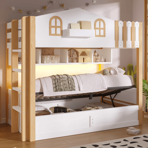 Beliche 90x200 cm - design caseiro, arrumação com sistema hidráulico, luzes LED, prateleira aberta, escada ajustável - branco e natural Beliche 90x200 cm - design caseiro, arrumação com sistema hidráulico, luzes LED, prateleira aberta, escada ajustável - branco e natural