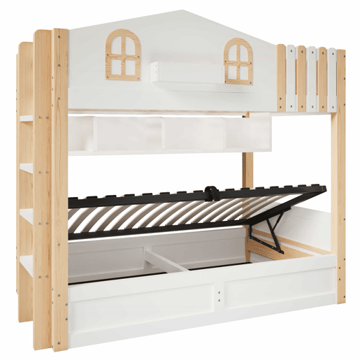 Beliche 90x200 cm - design caseiro, arrumação com sistema hidráulico, luzes LED, prateleira aberta, escada ajustável - branco e natural Beliche 90x200 cm - design caseiro, arrumação com sistema hidráulico, luzes LED, prateleira aberta, escada ajustável - branco e natural